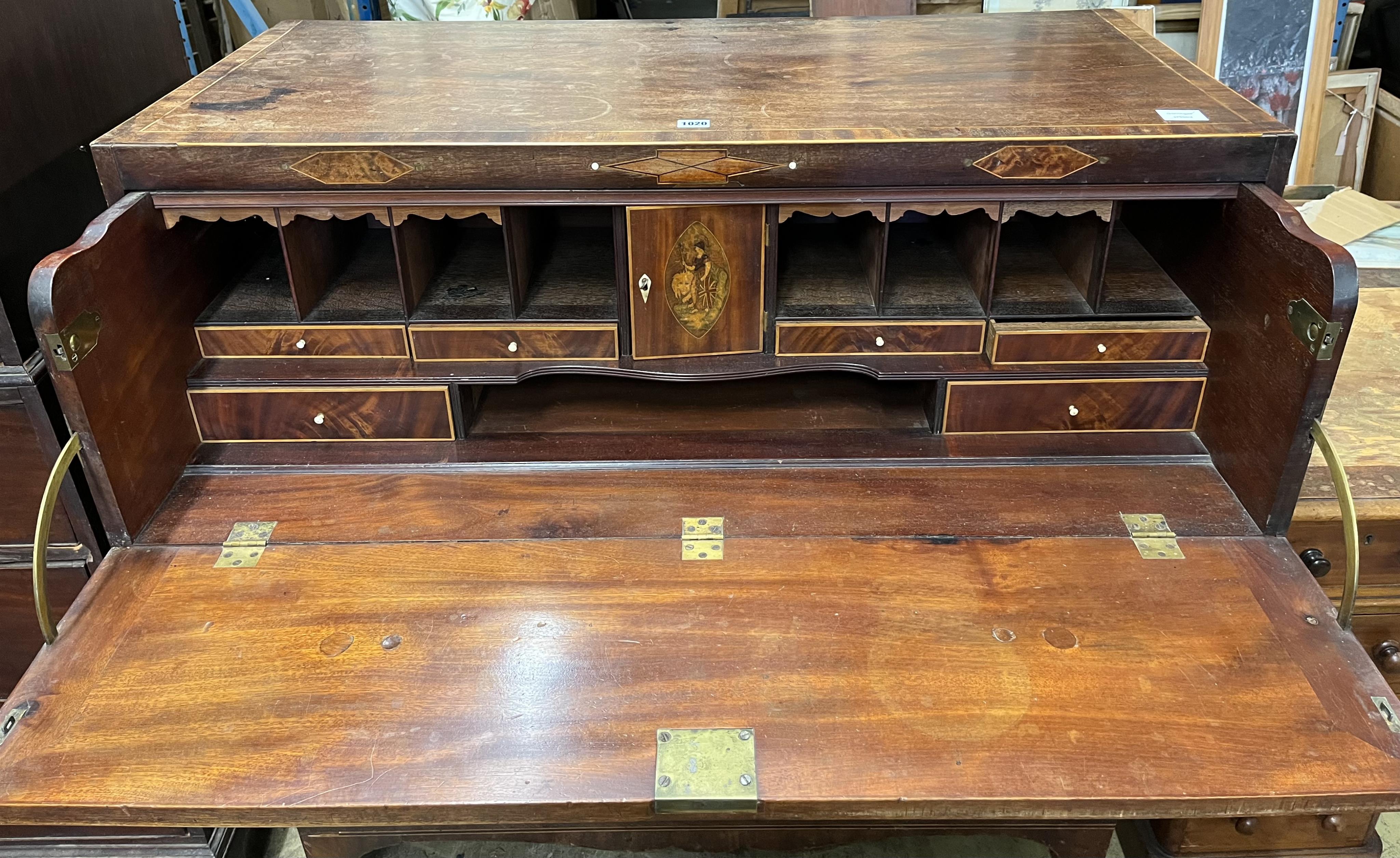 A George III mahogany secretaire chest, lacking handles, width 111cm, depth 50cm, height 117cm CITES Submission reference, 9KQQ171E